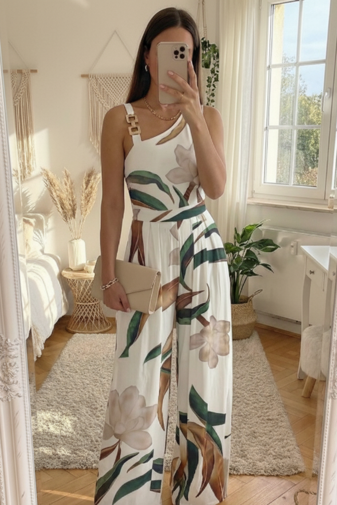Elegant women's botanical wide leg jumpsuit with a v-neck. Perfect floral print for summer events & stylish party wear.