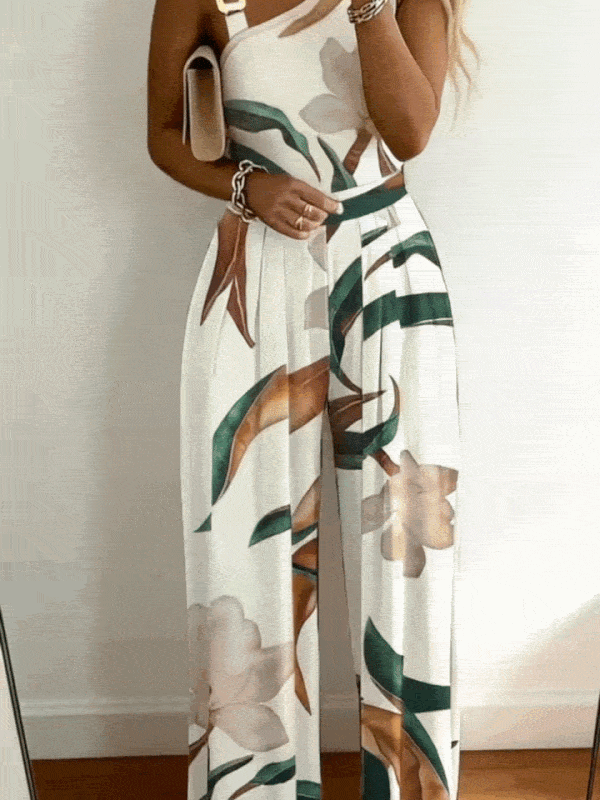 Stylish women's wide leg jumpsuit featuring a vibrant botanical floral print & flattering v-neck, great for events.