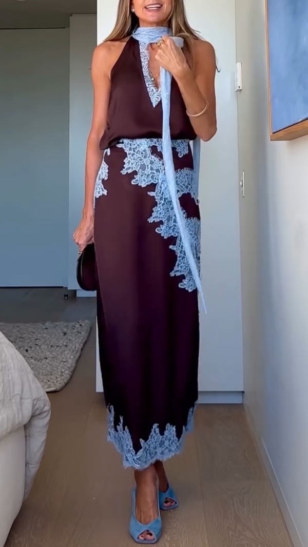 Boho-chic tie-dye halter V-neck maxi dress for women, elegant brown tones, flowing silhouette & side slit.