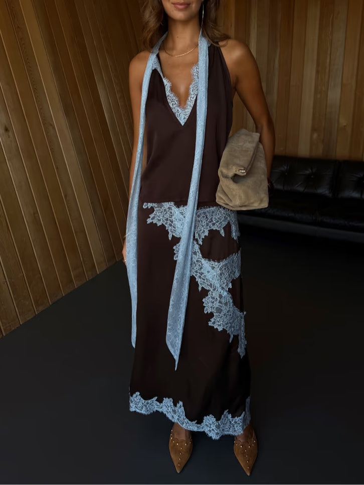 Flowing brown tie-dye maxi dress with a sophisticated halter V-neck and a stylish side slit for women.