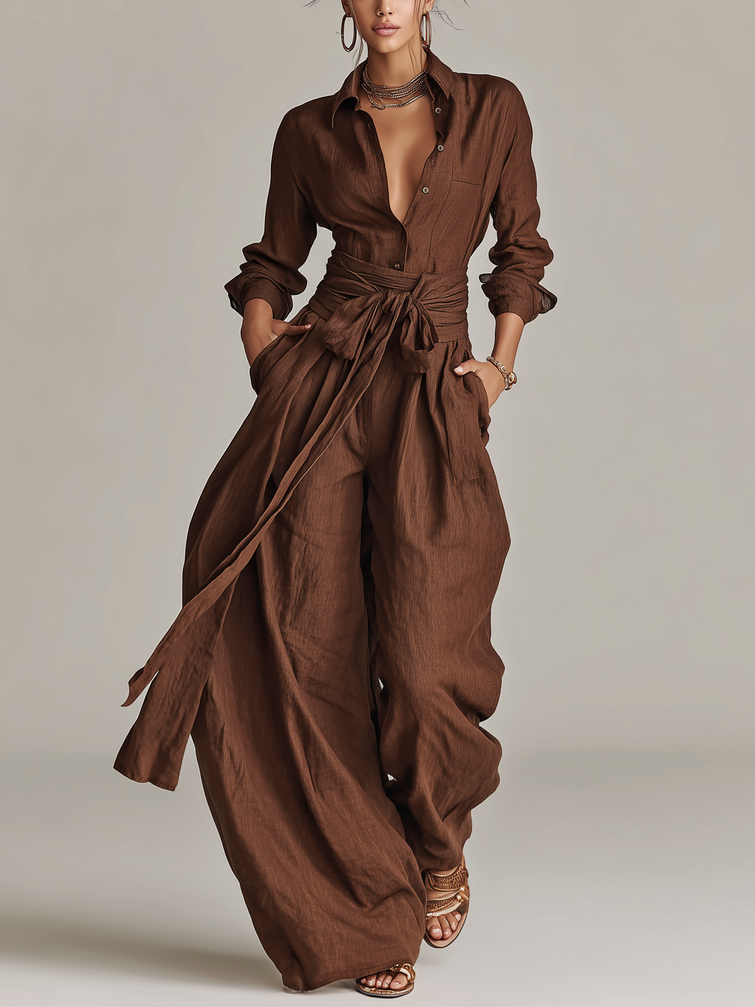 Elegant women's brown tie-waist wide leg jumpsuit with long sleeves, perfect for resort or casual chic.