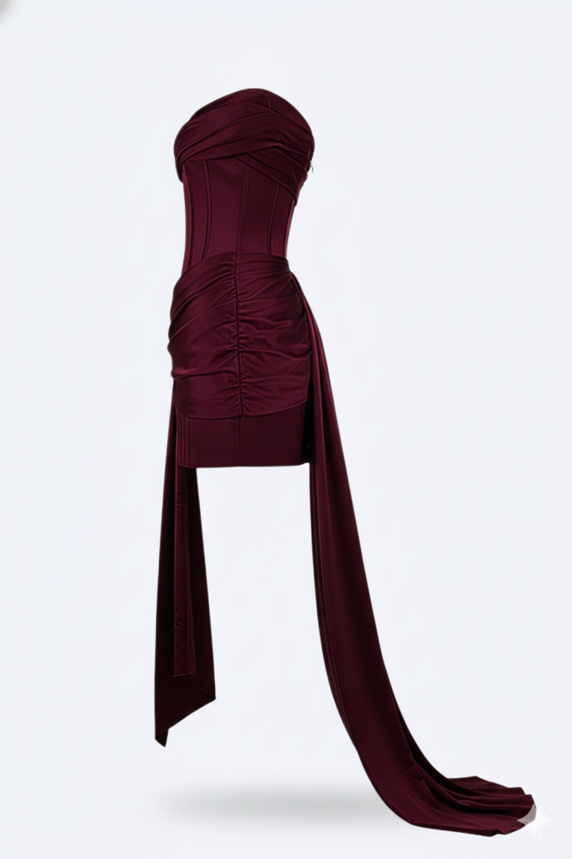 Burgundy bodycon short cocktail dress for women, ideal for elegant evening events & parties. Chic fitted design.