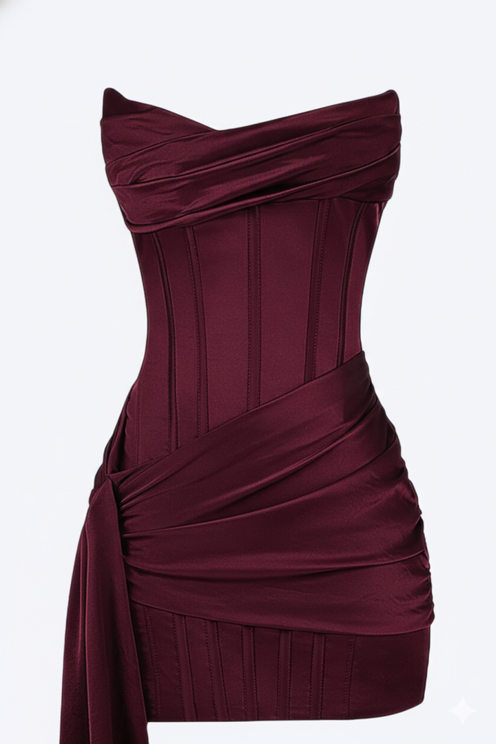 Sophisticated women's burgundy short evening dress with a flattering fitted silhouette. Ideal for cocktail parties.