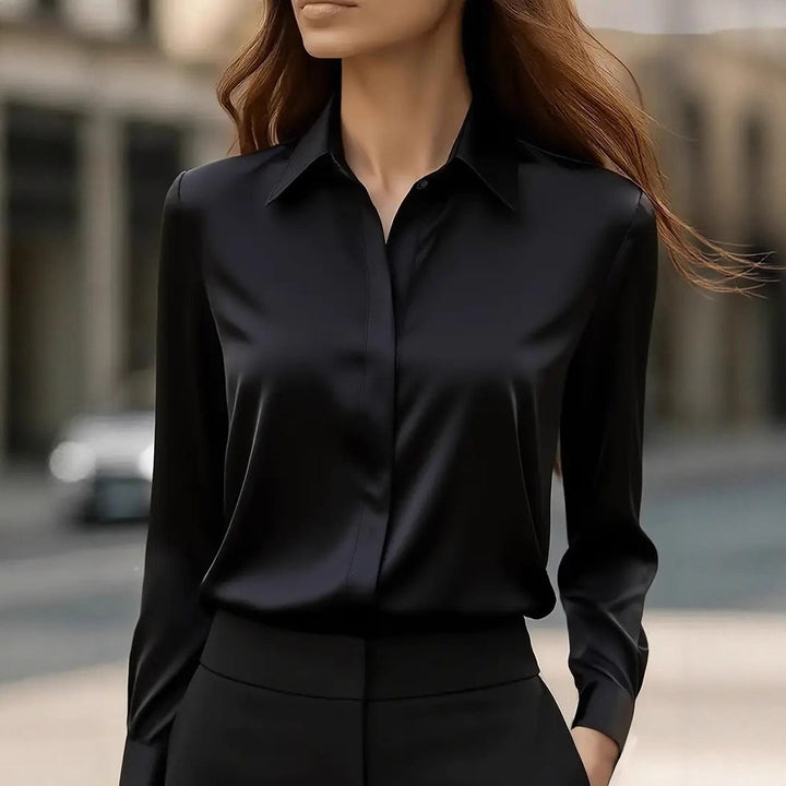 Effortless elegance: women's button-front blouse, a sophisticated long sleeve top for ladies' fashion.