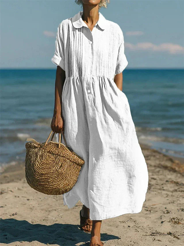 Elegant women's button-front maxi shirt dress, perfect for spring/summer fashion.