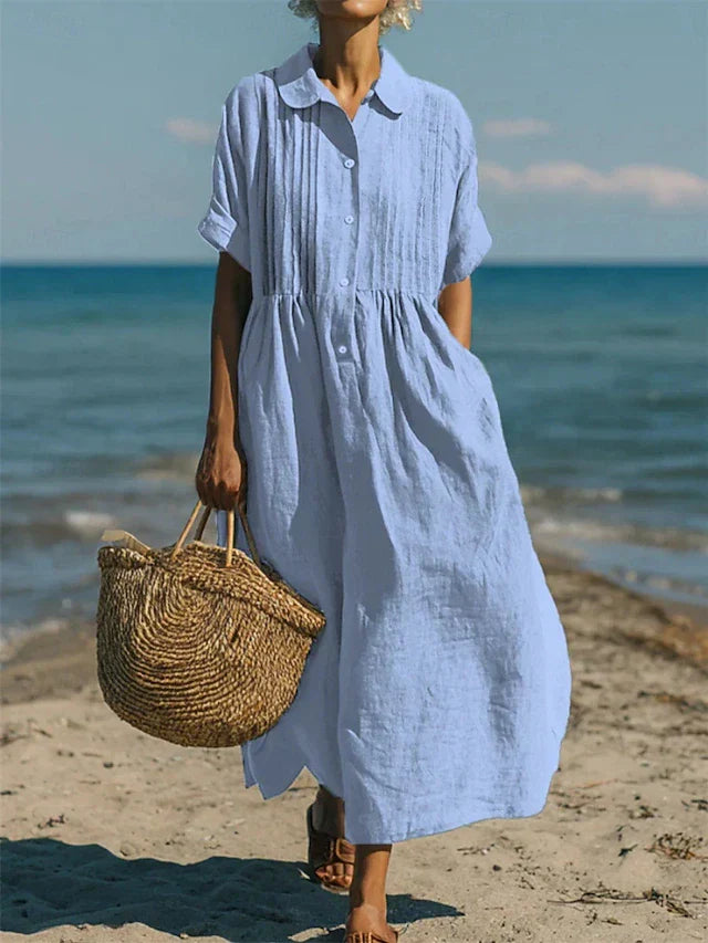 Comfortable & versatile women's long button-front maxi dress for effortless spring/summer elegance.