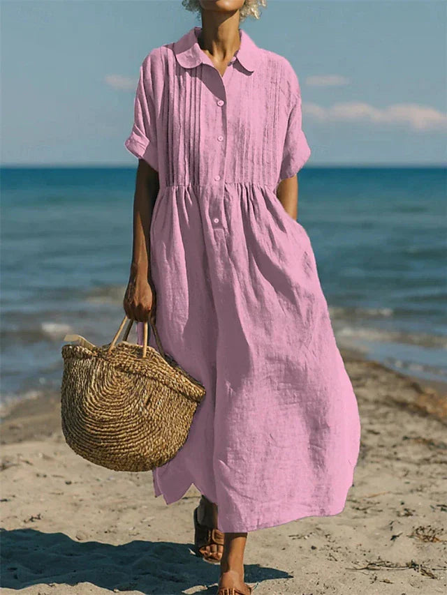 Flowy women's long maxi dress with button-front, perfect elegant summer or spring fashion.