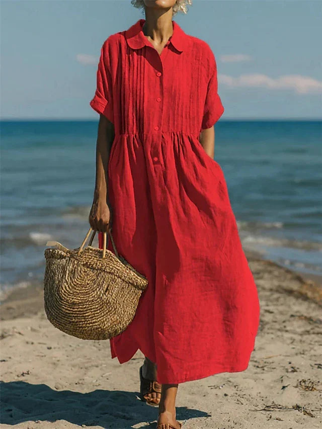 Versatile women's button-front maxi dress in elegant shirt style, ideal comfortable long dress for summer.