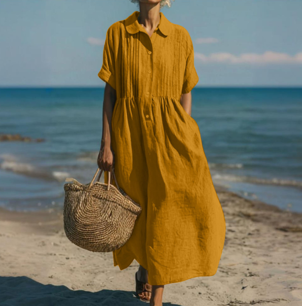 Women's button-front shirt style maxi dress for effortless spring fashion. Comfortable & elegant long dress.