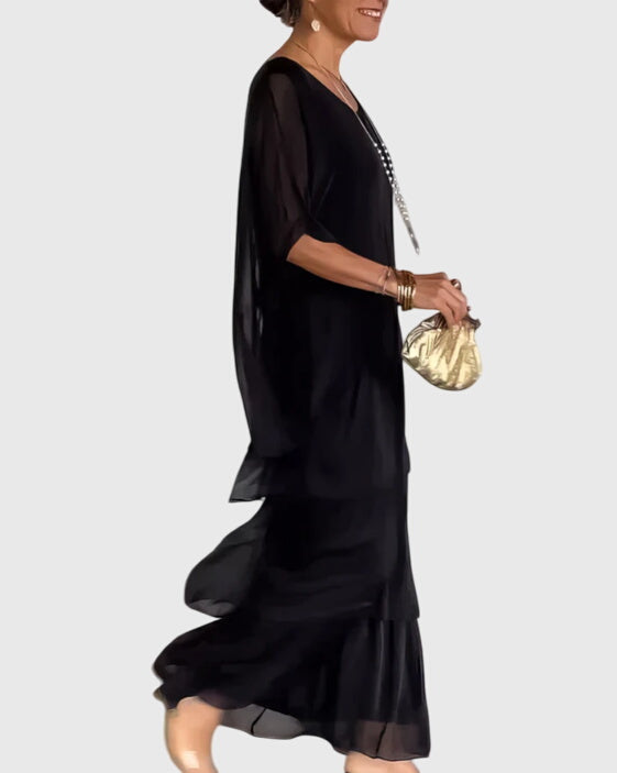 Women's long evening dress, elegant button-up with relaxed fit, ideal for special occasions.