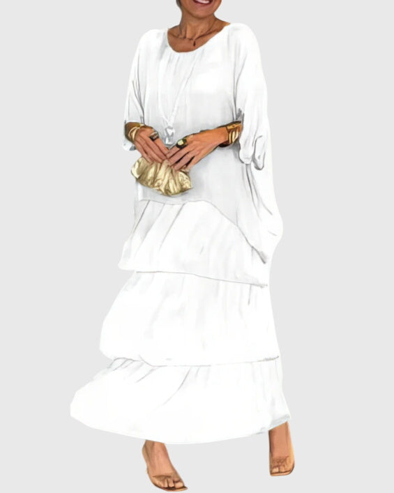 Wedding guest button-up maxi dress, elegant, relaxed fit, half sleeve, long and graceful.