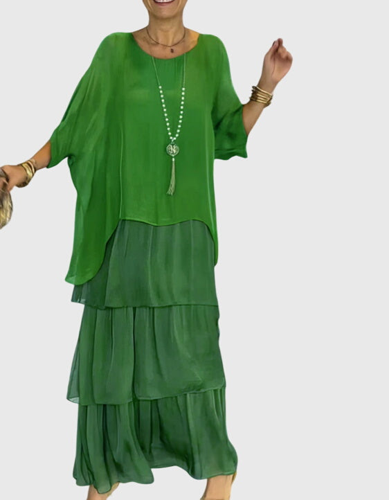 Flowy formal women's dress, button-up maxi with half sleeves, elegant and comfortable.