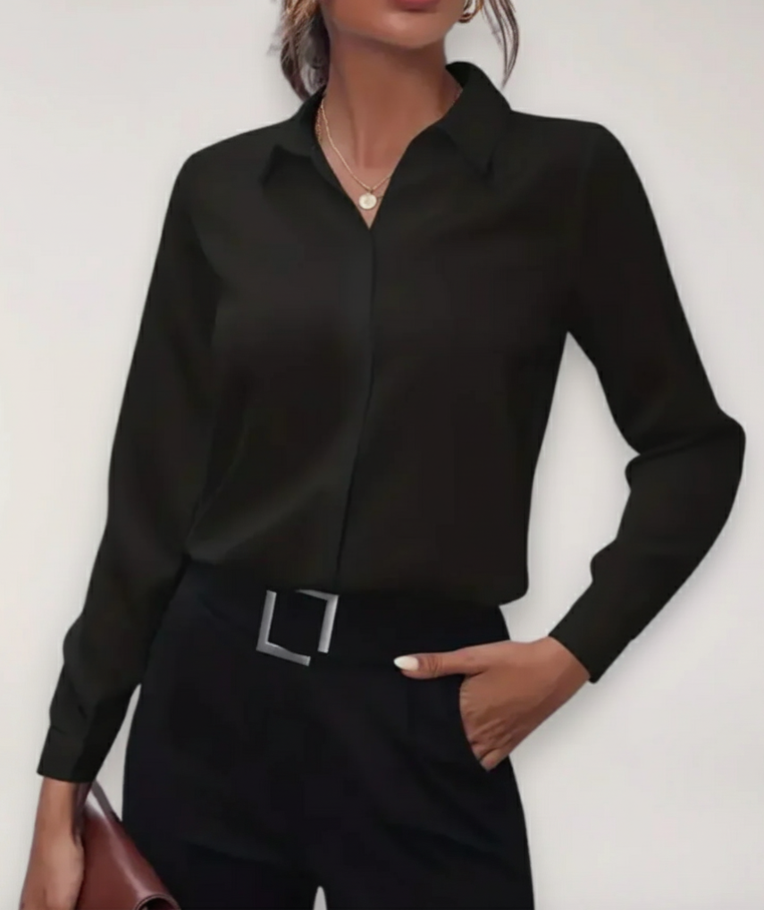 Elegant women's buttoned office blouse in a professional style, perfect for work attire.