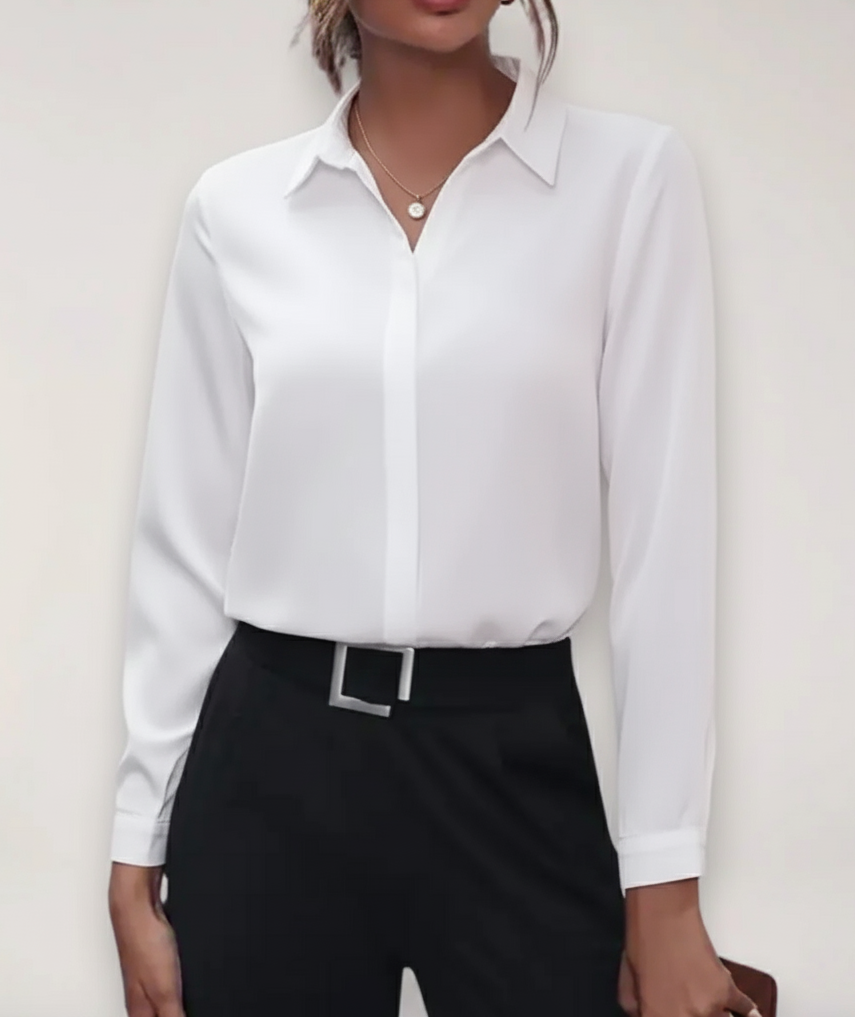 Chic button-front long sleeve women's blouse, perfect for professional office and business casual attire.