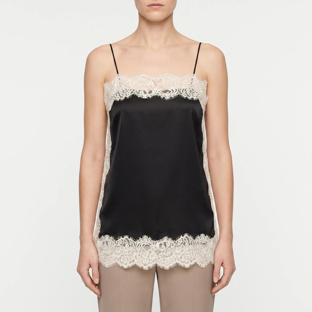 Stylish women's lace trim camisole, an elegant sleeveless top ideal for summer fashion and layering.