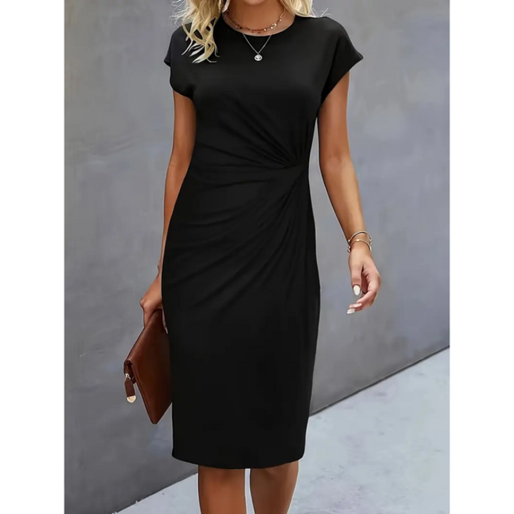 Elegant women's cap sleeve midi dress with gathered waist. Perfect for professional, office, or formal occasions.