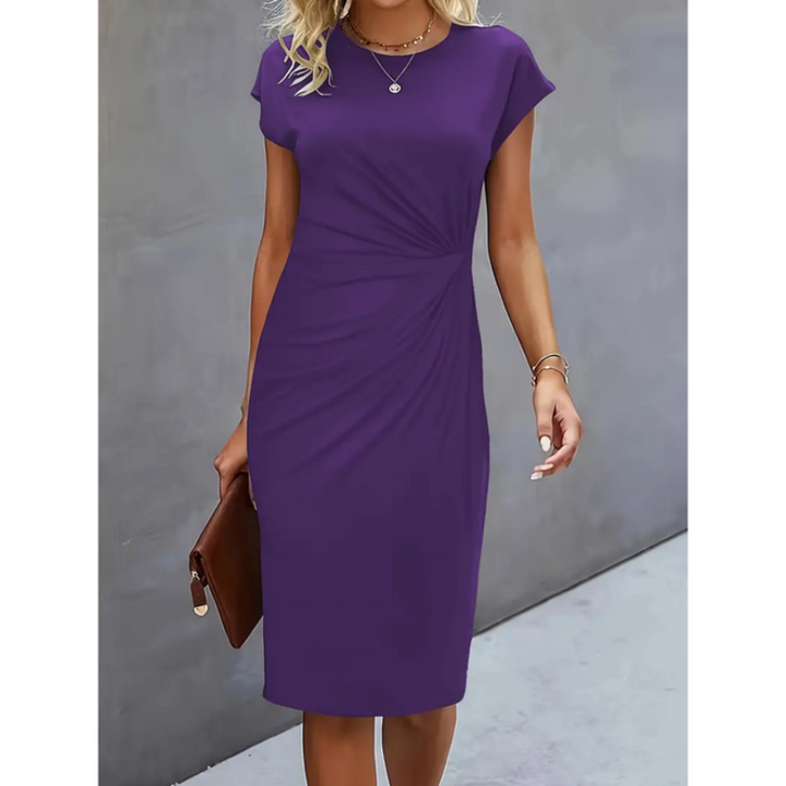 Professional women's midi dress featuring cap sleeves & a gathered waist. Ideal business wear for the office.