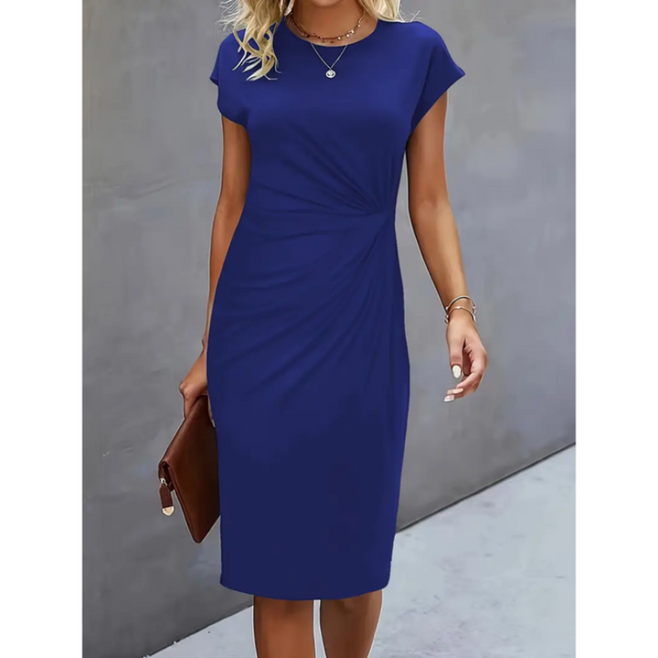 Versatile elegant midi dress for women with cap sleeves & flattering gathered waist. Great for work or events.