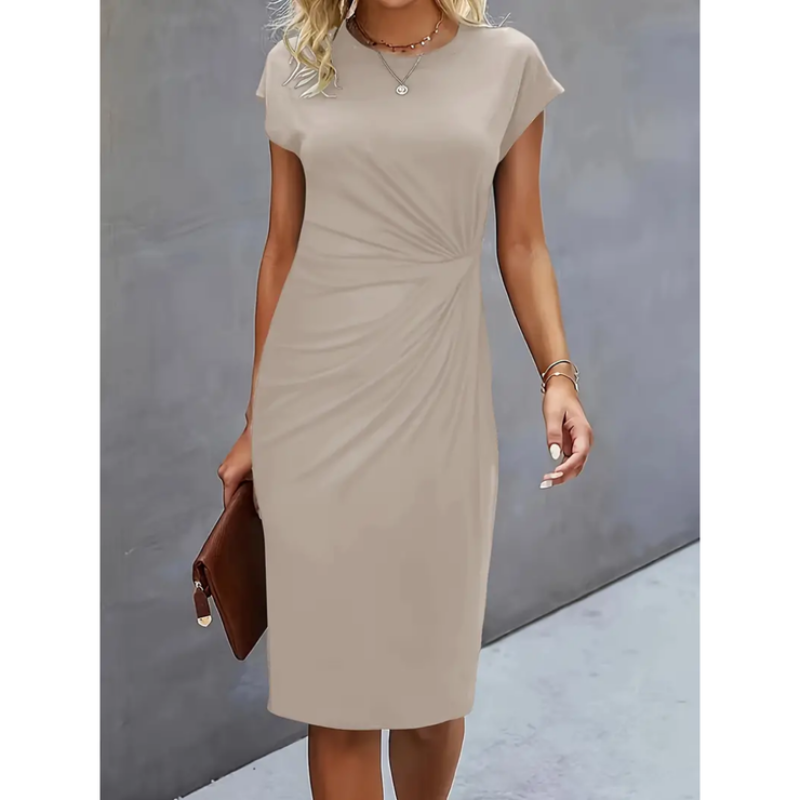 Chic A-line women's midi dress. Cap sleeves & gathered waist create a flattering silhouette for professional wear.