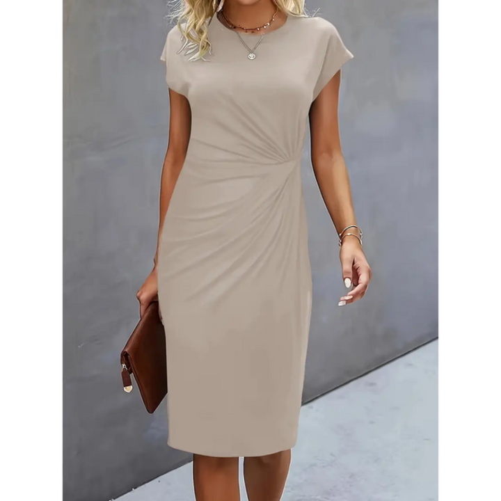 Chic A-line women's midi dress. Cap sleeves & gathered waist create a flattering silhouette for professional wear.