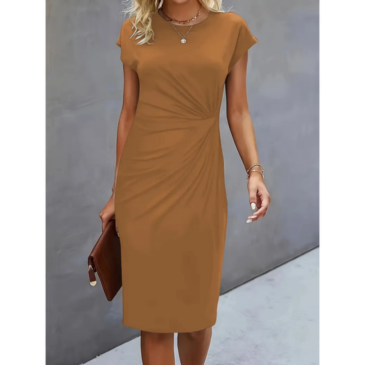 Stylish women's work dress: cap sleeve midi with a comfortable, elegant gathered waist. Perfect for all-day fashion.