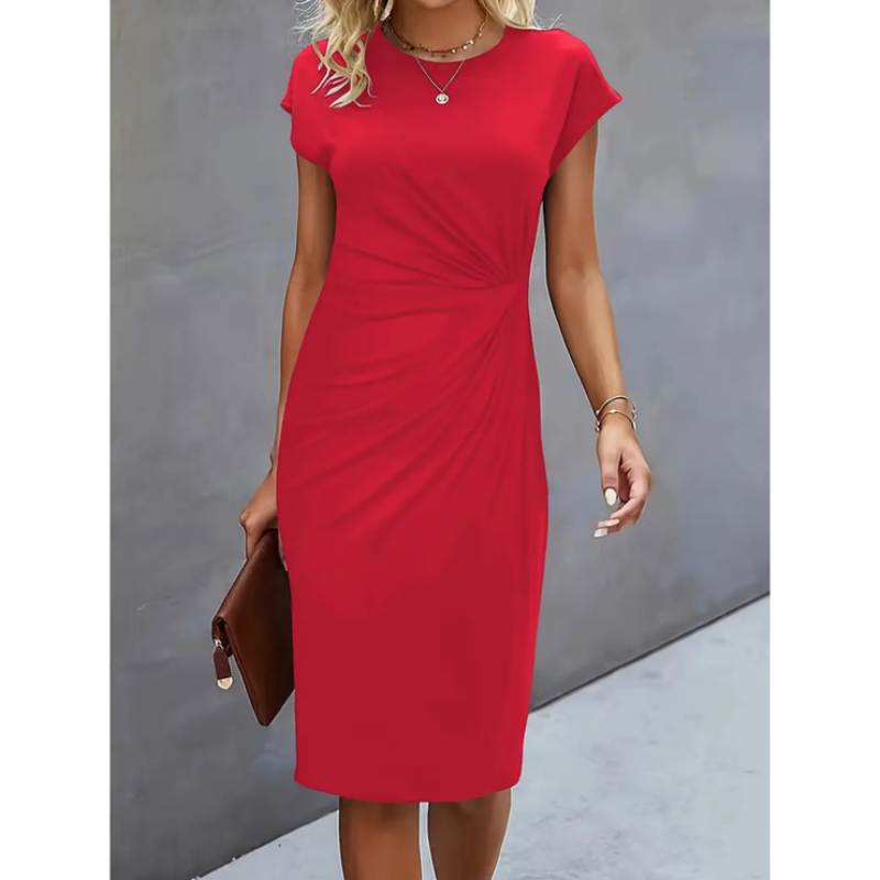 Formal cap sleeve midi dress for women. Features an elegant gathered waist, perfect for business or special events.