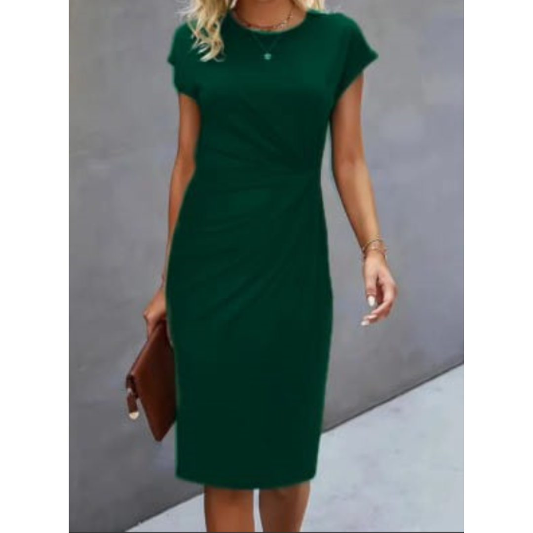 Modern women's elegant midi dress with cap sleeves & a chic gathered waist, versatile for business and casual.