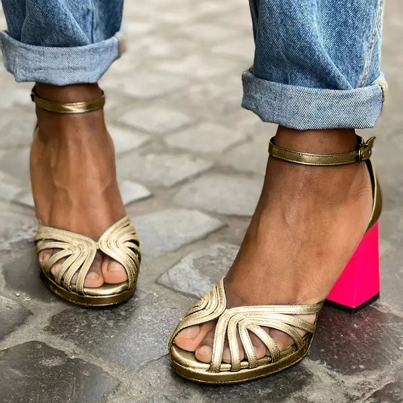 Elegant women's classic block heel sandals with open toe and secure ankle strap, perfect for summer parties.