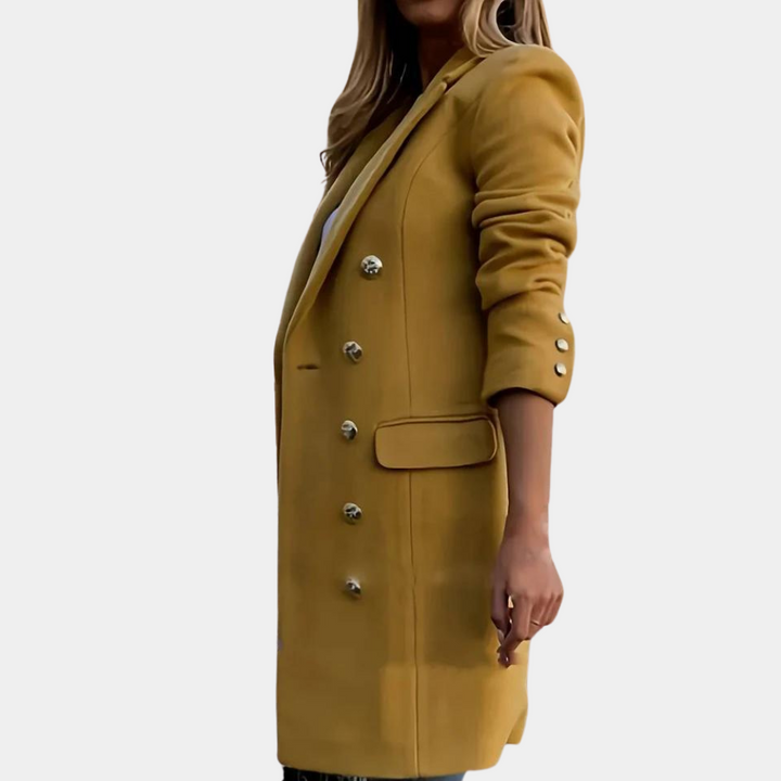 Sophisticated women's long trenchcoat, buttoned front, tailored silhouette. A classic elegant coat for any outfit.