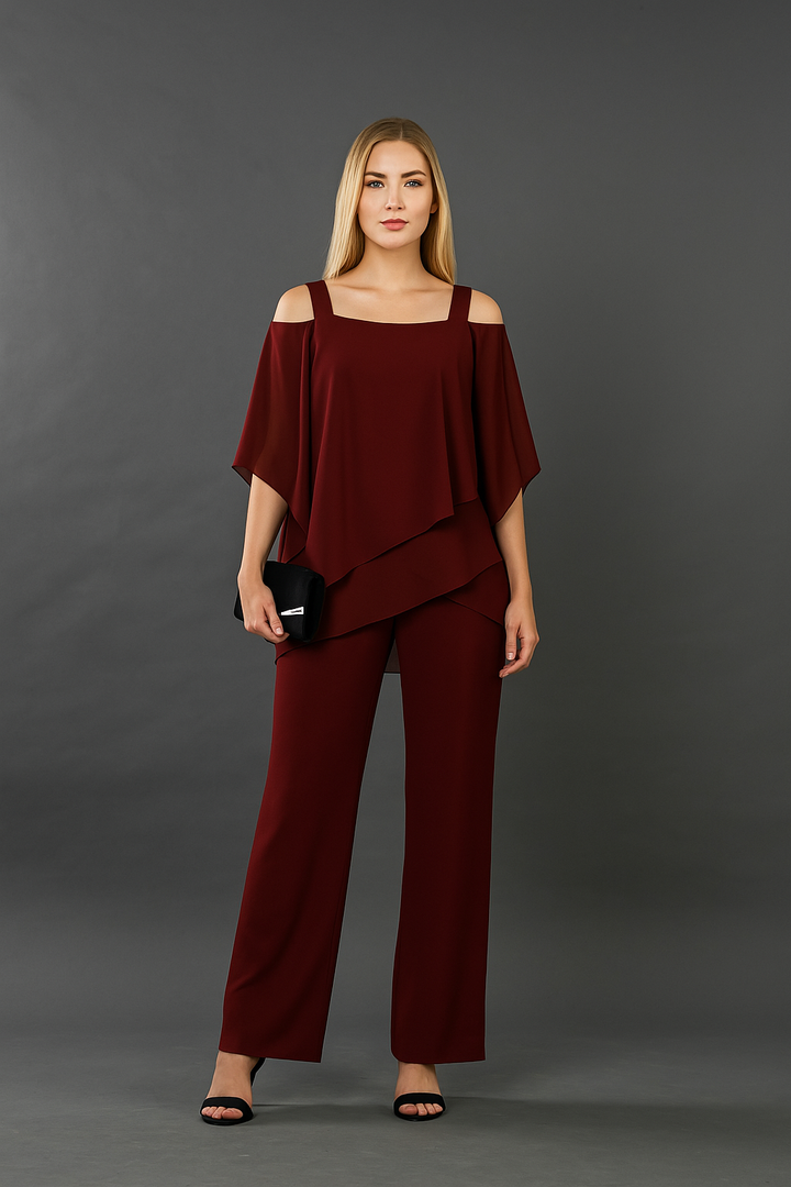 Elegant women's cold-shoulder two-piece pants set. Chic for parties, vacations, or sophisticated casual wear.