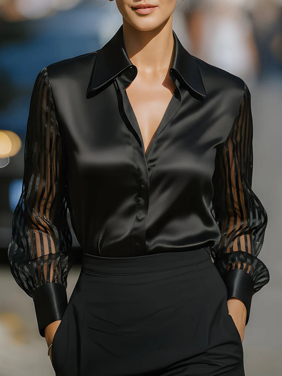 Elegant women's collared sheer stripe blouse, perfect for sophisticated business casual office wear.