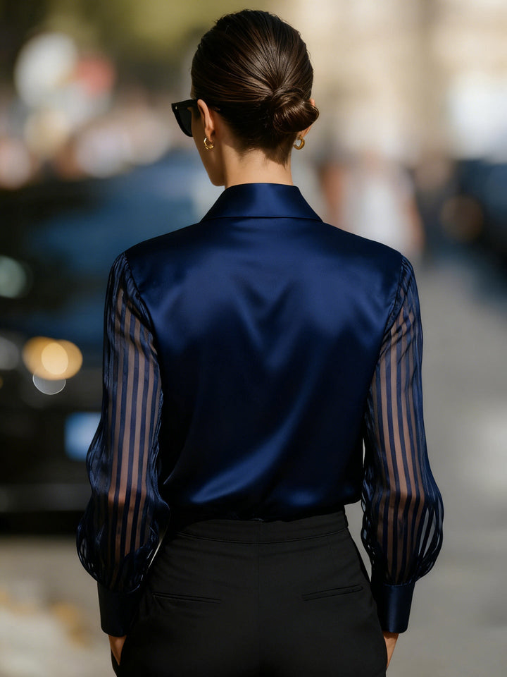 Chic collared sheer stripe top for women, perfect as a sophisticated workwear blouse or formal shirt.