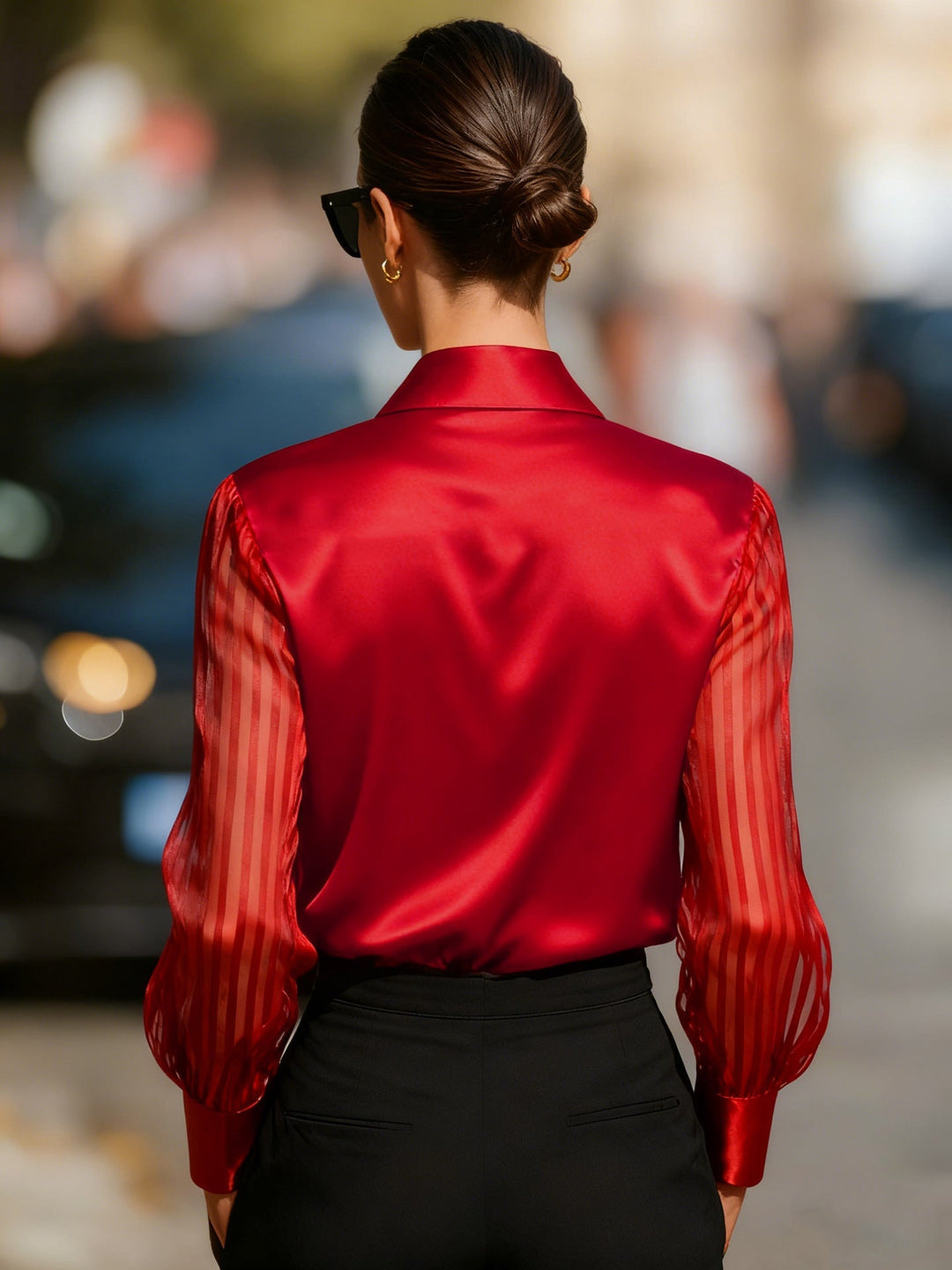 Versatile sheer stripe women's blouse with a classic collar, ideal for elegant business casual outfits.