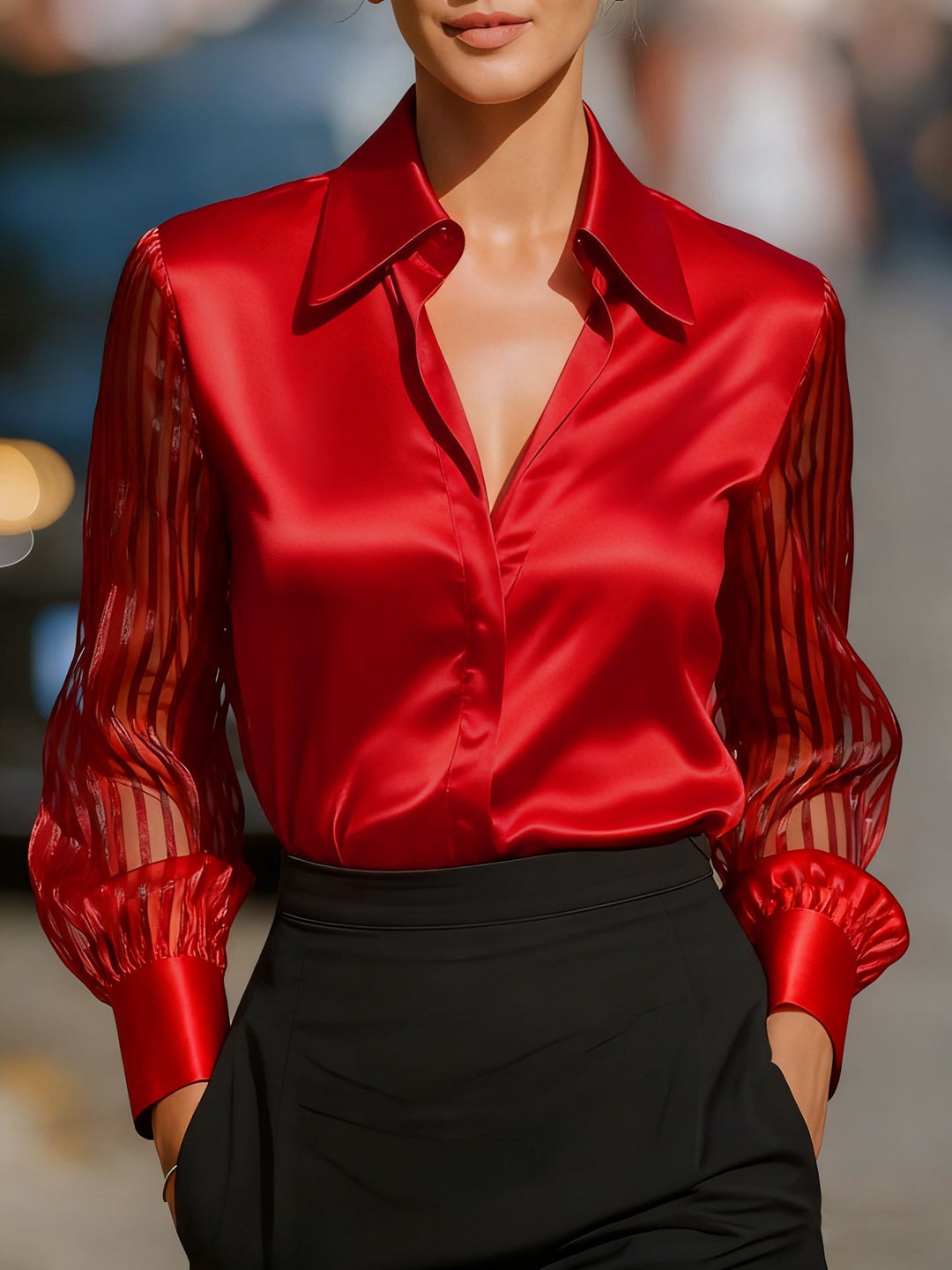 Women's elegant sheer stripe collared shirt, a stylish button-up top for formal and office occasions.