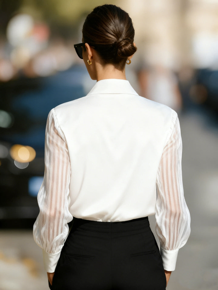 Classic collared sheer stripe women's shirt, an elegant and versatile top for business casual style.
