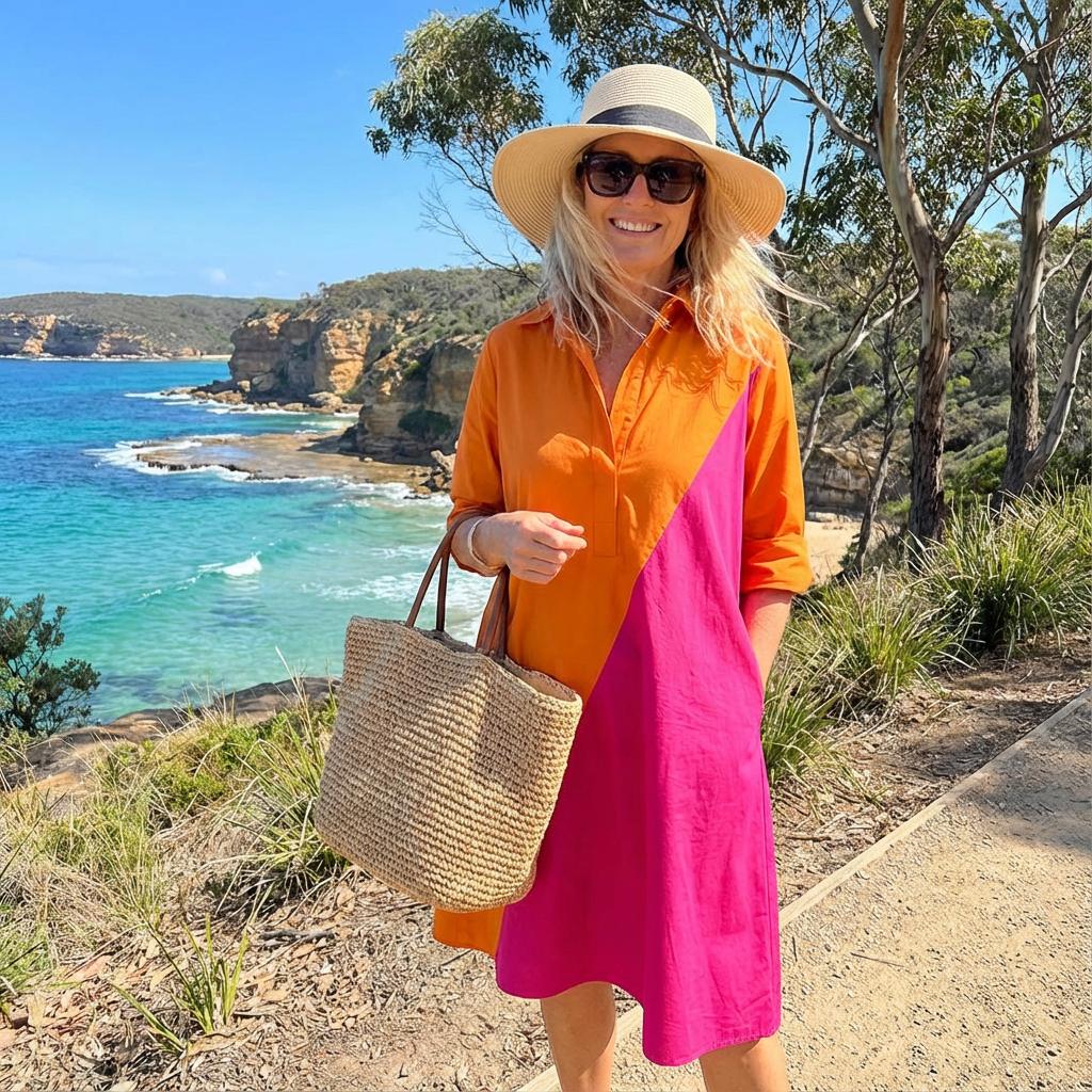 Versatile women's color-block midi shirt dress, featuring a modern design for elegant and chic everyday wear.