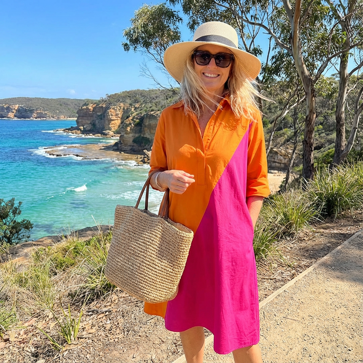 Versatile women's color-block midi shirt dress, featuring a modern design for elegant and chic everyday wear.