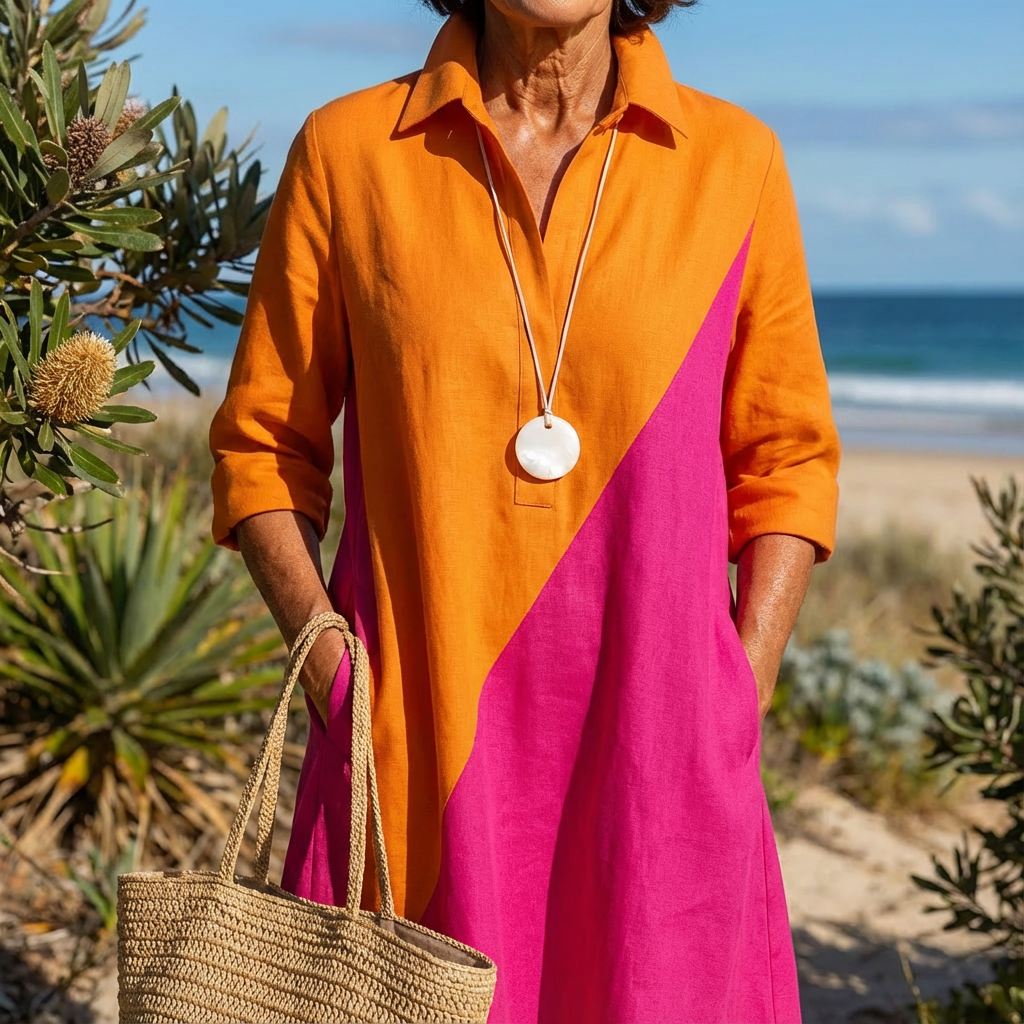 Chic A-line midi dress for women, showcasing a modern color-block pattern and elegant button-down detailing.