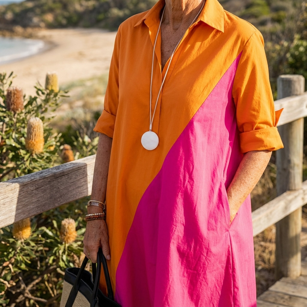 Modern women's elegant color-block midi dress. This chic shirt dress offers versatile style for contemporary fashion.