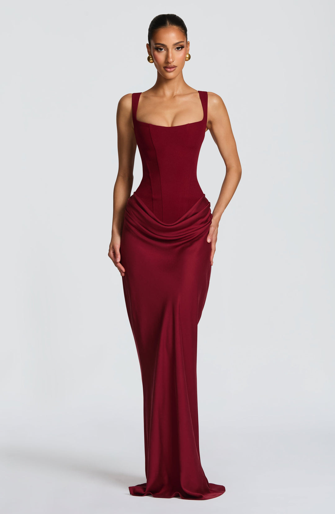 Elegant women's corset bodice maxi dress with wide straps, perfect for formal evening wear.