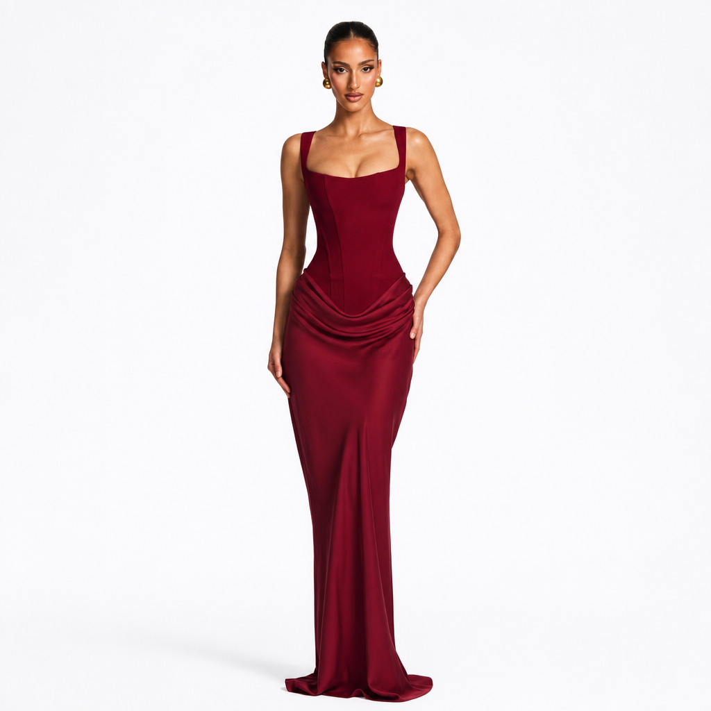 Sleeveless women's fashion corset maxi dress with wide straps & elegant draped design for parties.