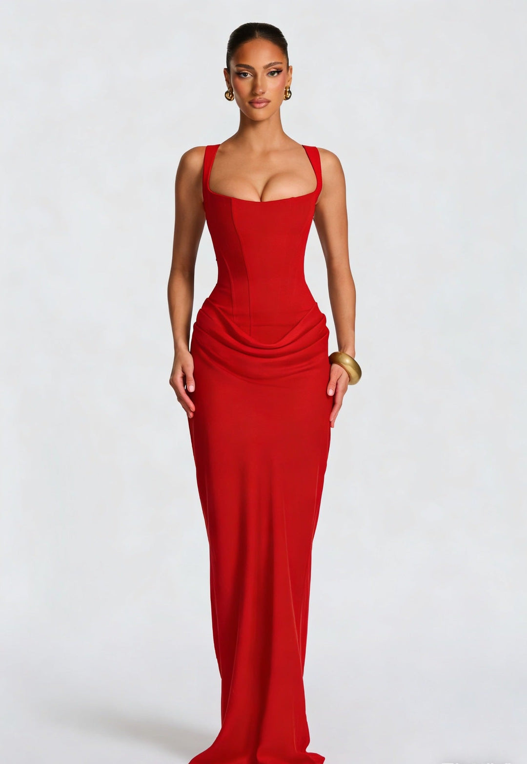 Fashionable women's sleeveless corset maxi dress with wide straps, ideal for elegant evening wear.