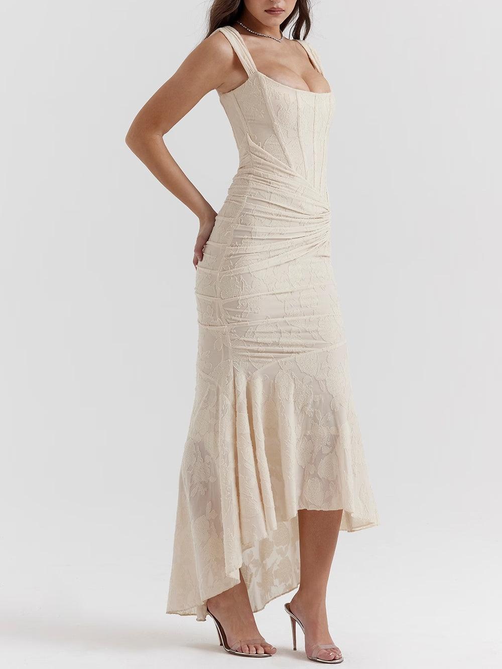 Exquisite women's evening midi dress, an elegant corset ruched mermaid design.