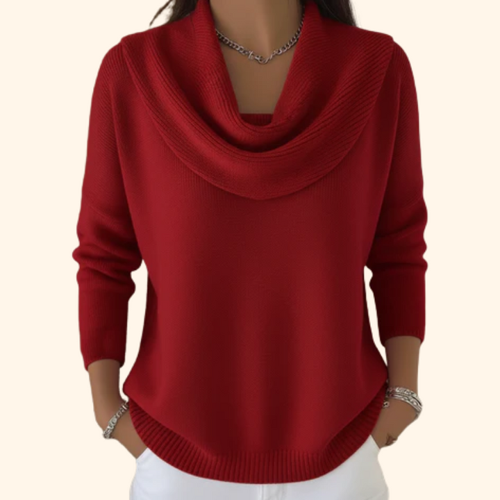 Elegant women's cowl neck sweater with a soft draped collar, perfect for cozy winter fashion & versatile fall outfits.
