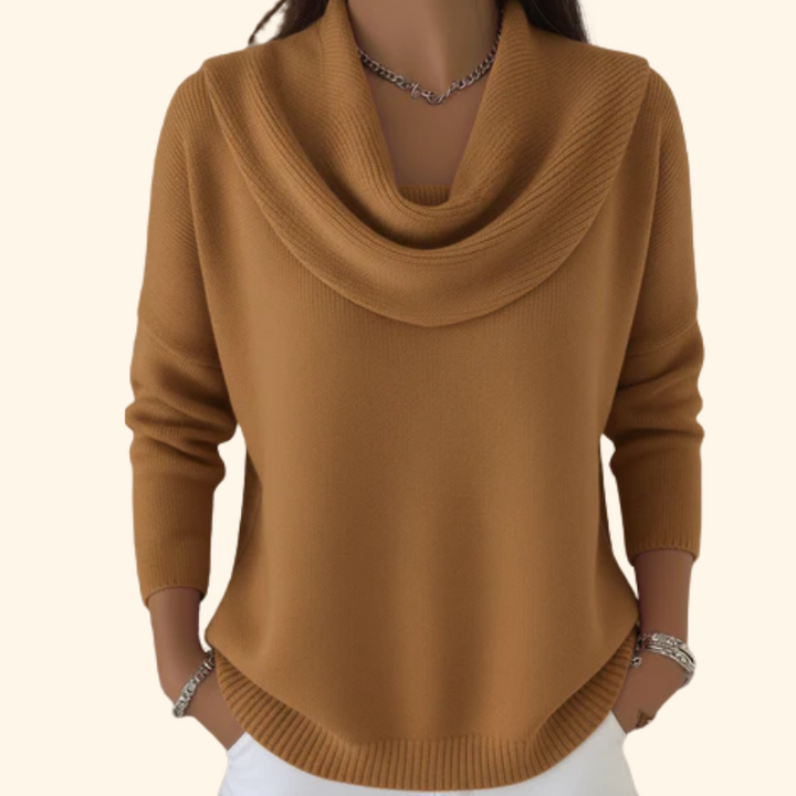 Cozy knit women's jumper featuring a stylish cowl neck & long sleeves for elegant warmth in fall & winter.
