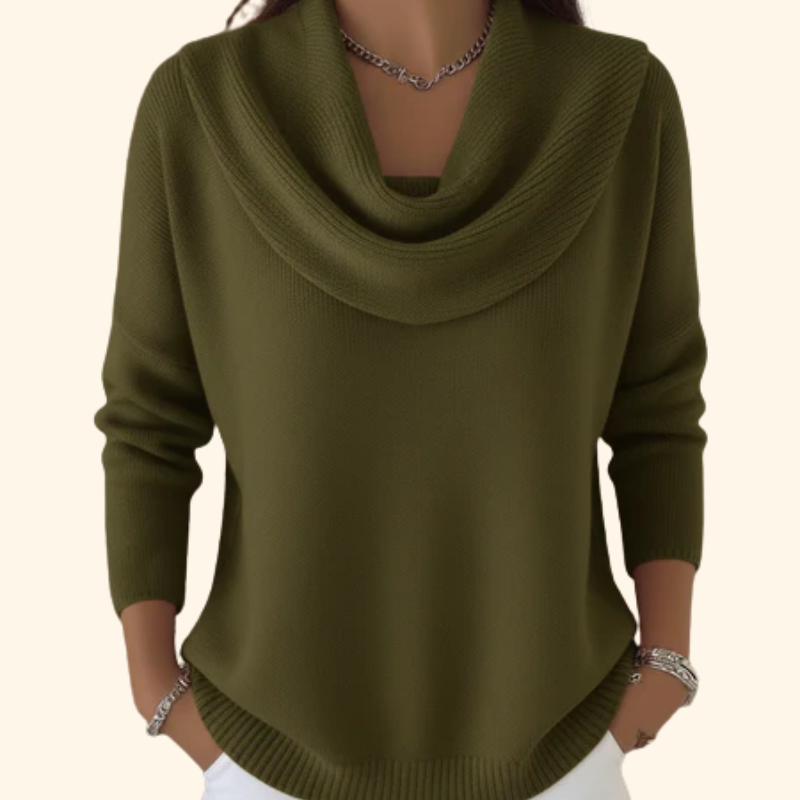 Stylish women's long sleeve cowl neck sweater, a warm & elegant draped collar top for chilly fall and winter days.