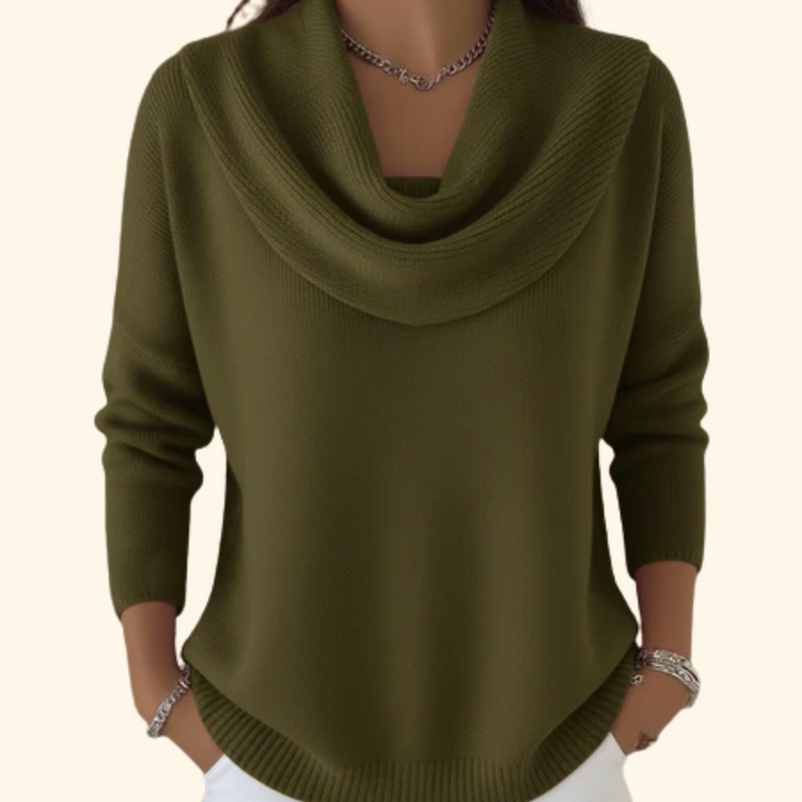 Stylish women's long sleeve cowl neck sweater, a warm & elegant draped collar top for chilly fall and winter days.