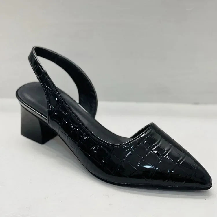 Brown croco print slingback heels for women. Elegant comfort dress shoes, ideal for formal wear & fashion statements.
