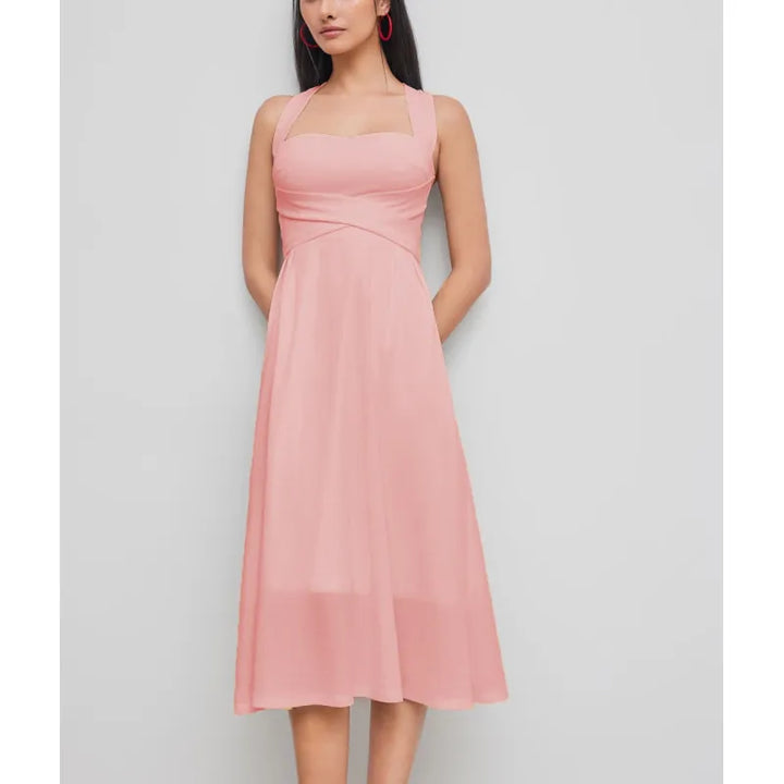 Elegant women's cross-waist midi dress with square neckline & A-line silhouette, perfect for versatile chic style.