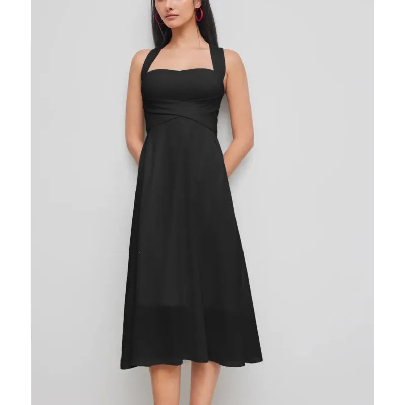 Chic pink cross-waist midi dress for women, featuring an elegant square neckline & sleeveless A-line design.